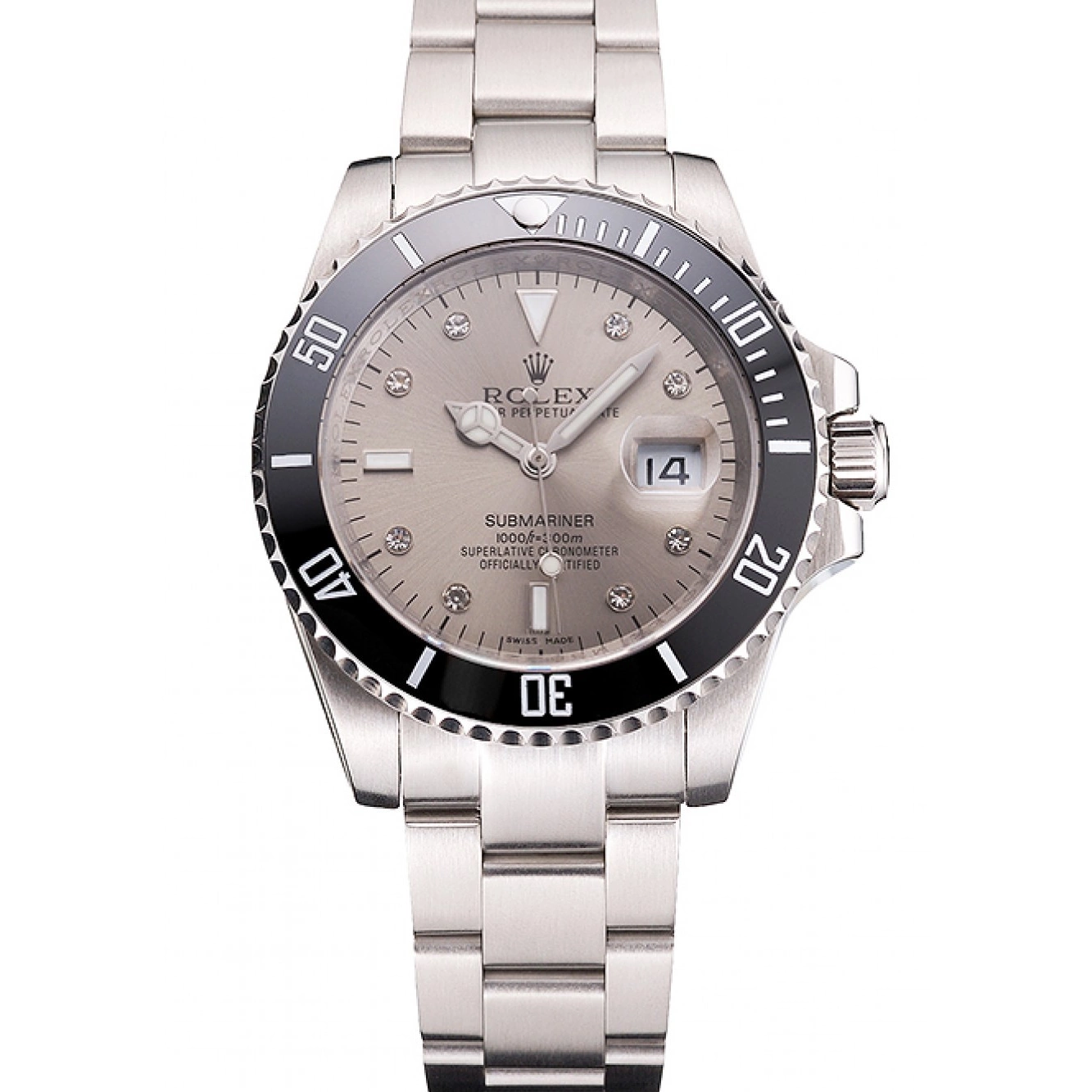Aaa replica watch Stainless Diamond Swiss Silver Bezel Case Steel Rolex Markings Bracelet Submariner Black And Dial 0817